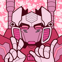 a digital drawing of brainstorm from transformers colored pink